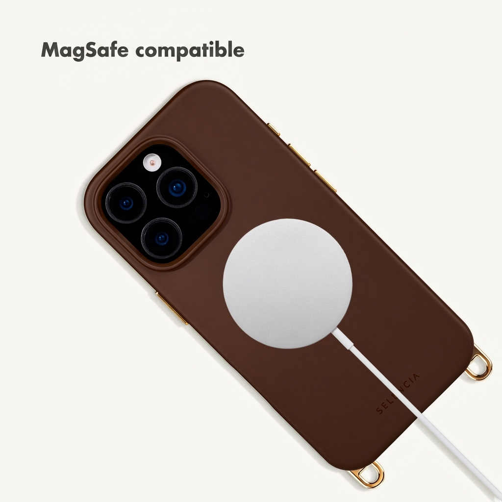 Coque iPhone marron avec chargeur MagSafe et détails dorés sur fond blanc.