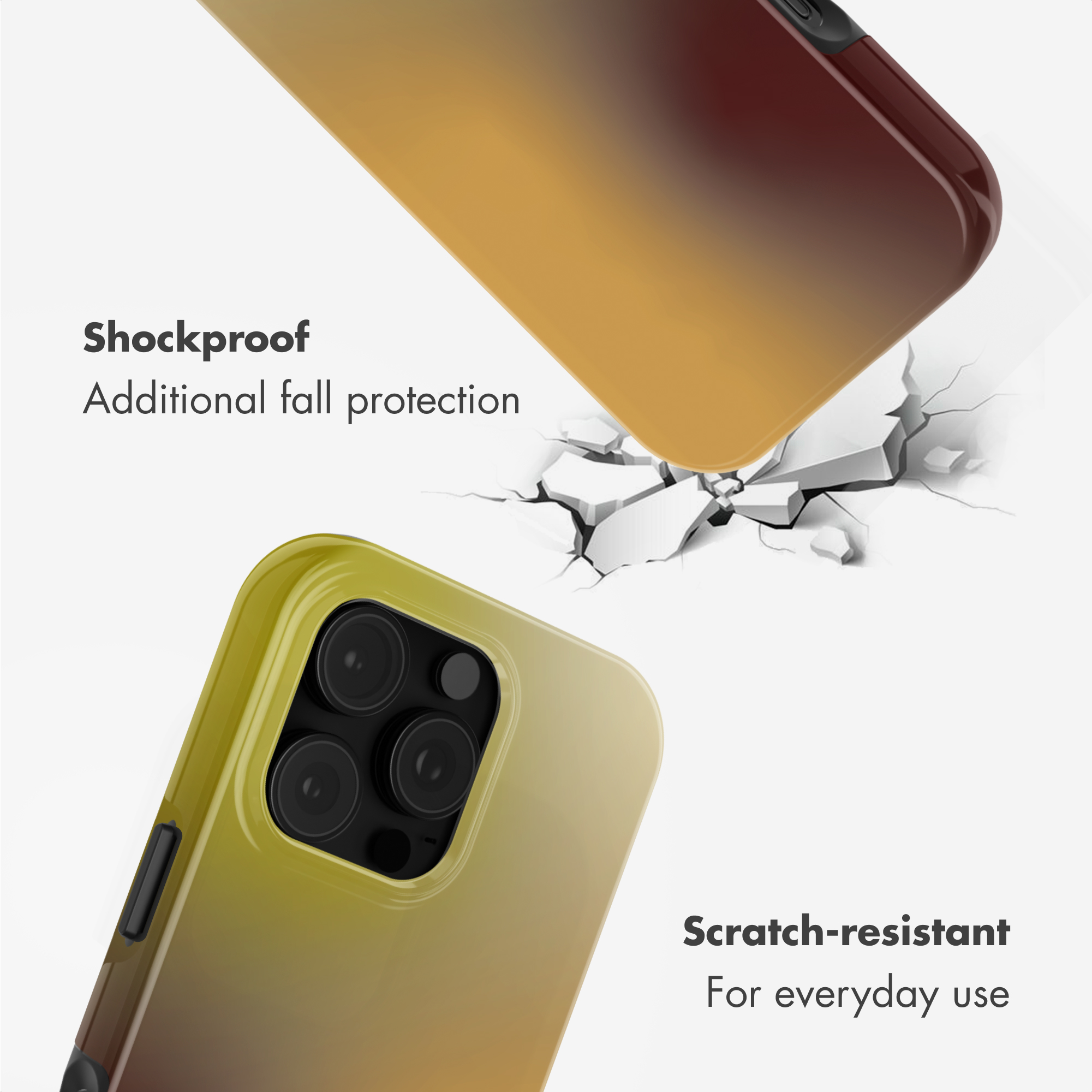 Due cover per telefono sfumate gialle con testo su resistenza a urti e graffi su sfondo bianco.
