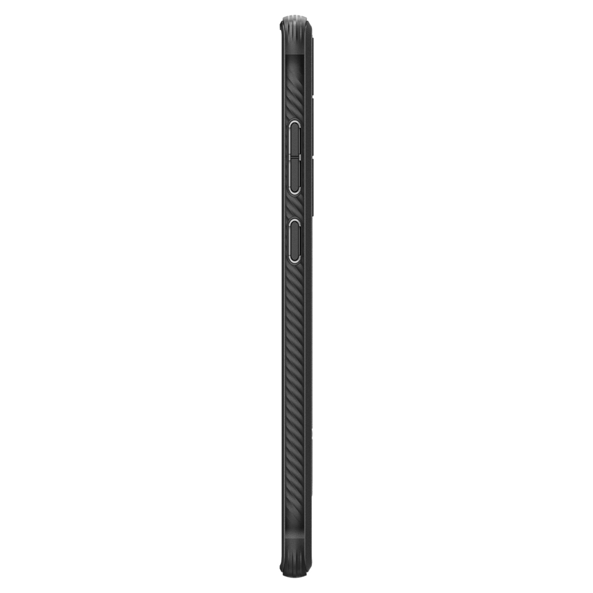 Widok z boku czarnego etui na smartfon z fizycznymi przyciskami i żłobioną teksturą.