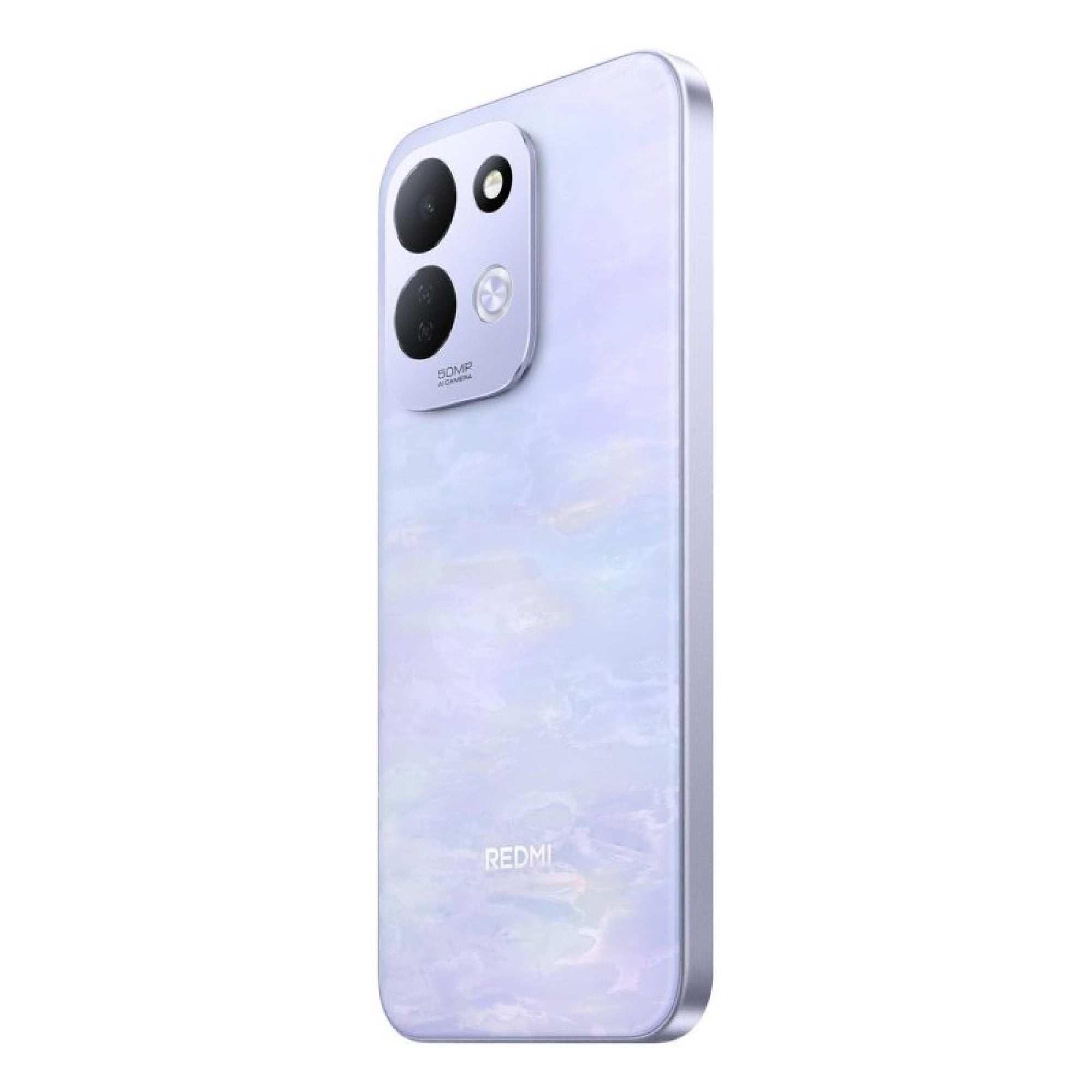 Retro di uno smartphone viola chiaro con design marmorizzato, due obiettivi fotografici e un flash.