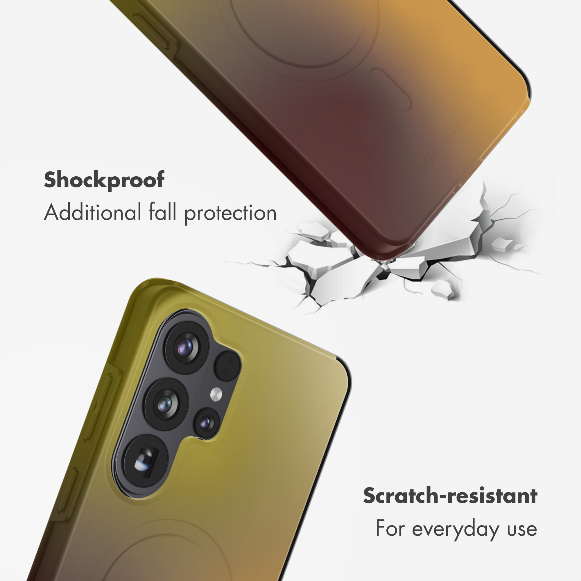 Dos vistas de una funda de smartphone con degradado, destacando características antichoque y antirayaduras.