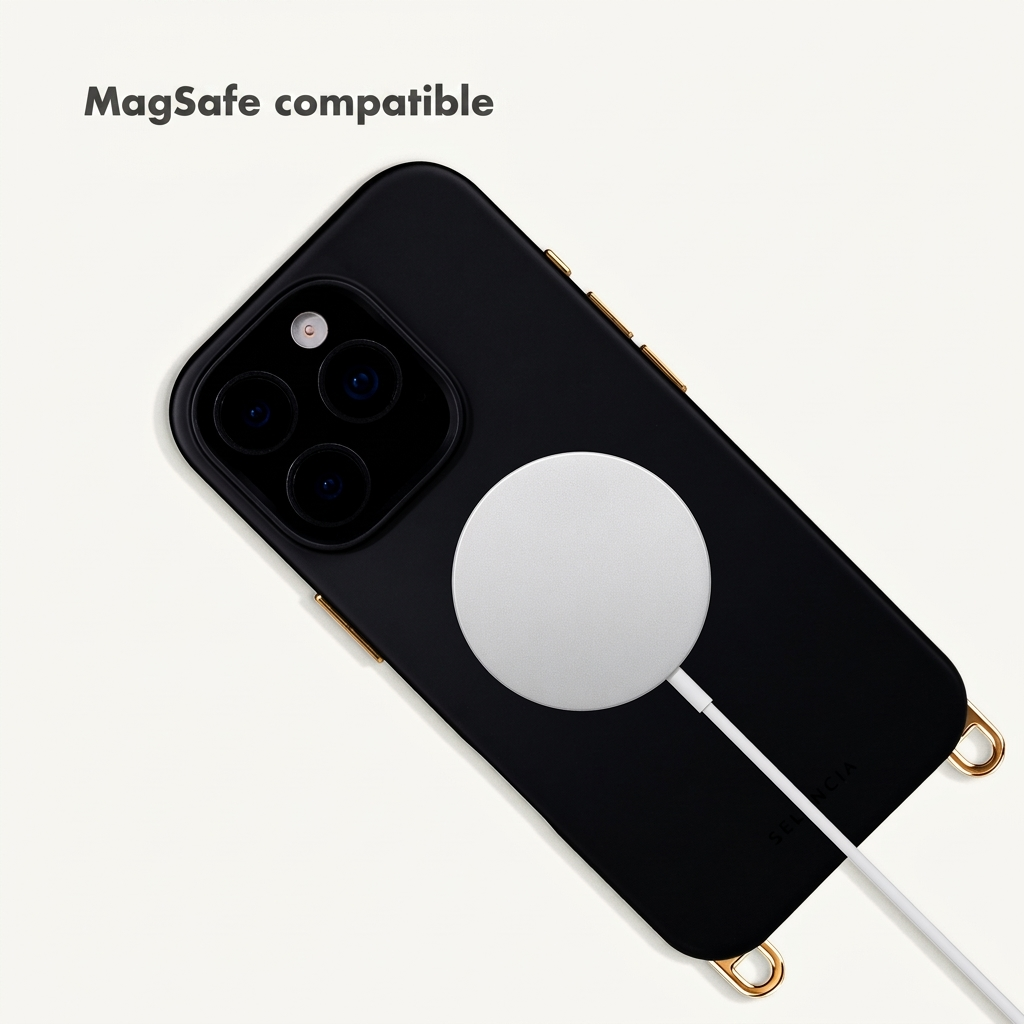 Un smartphone noir avec chargeur MagSafe sur fond blanc, texte en haut à gauche indique MagSafe compatible.