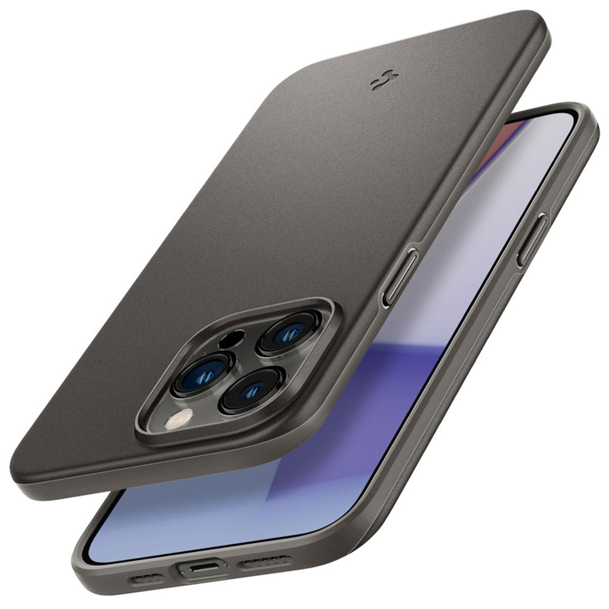Smartfon w szarym etui z potrójnym aparatem delikatnie unosi się w powietrzu.