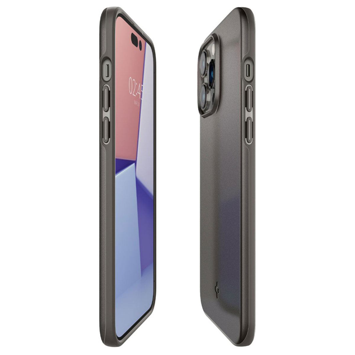Szary smartfon w etui ochronnym, pokazany z przodu z ekranem oraz z tyłu z aparatem.