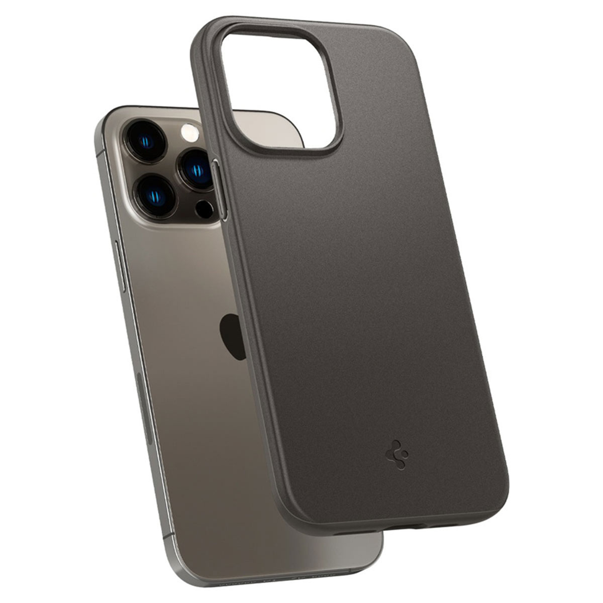 Smartfon obok ciemnoszarego etui ochronnego na białym tle.