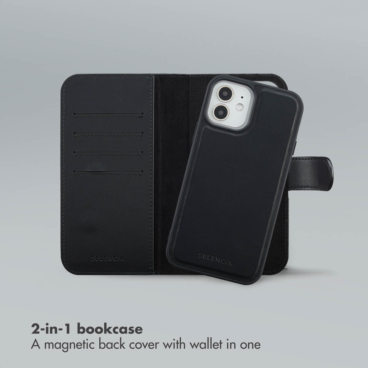Custodia a libro Selencia nera 2 in 1 con cover magnetica staccabile.