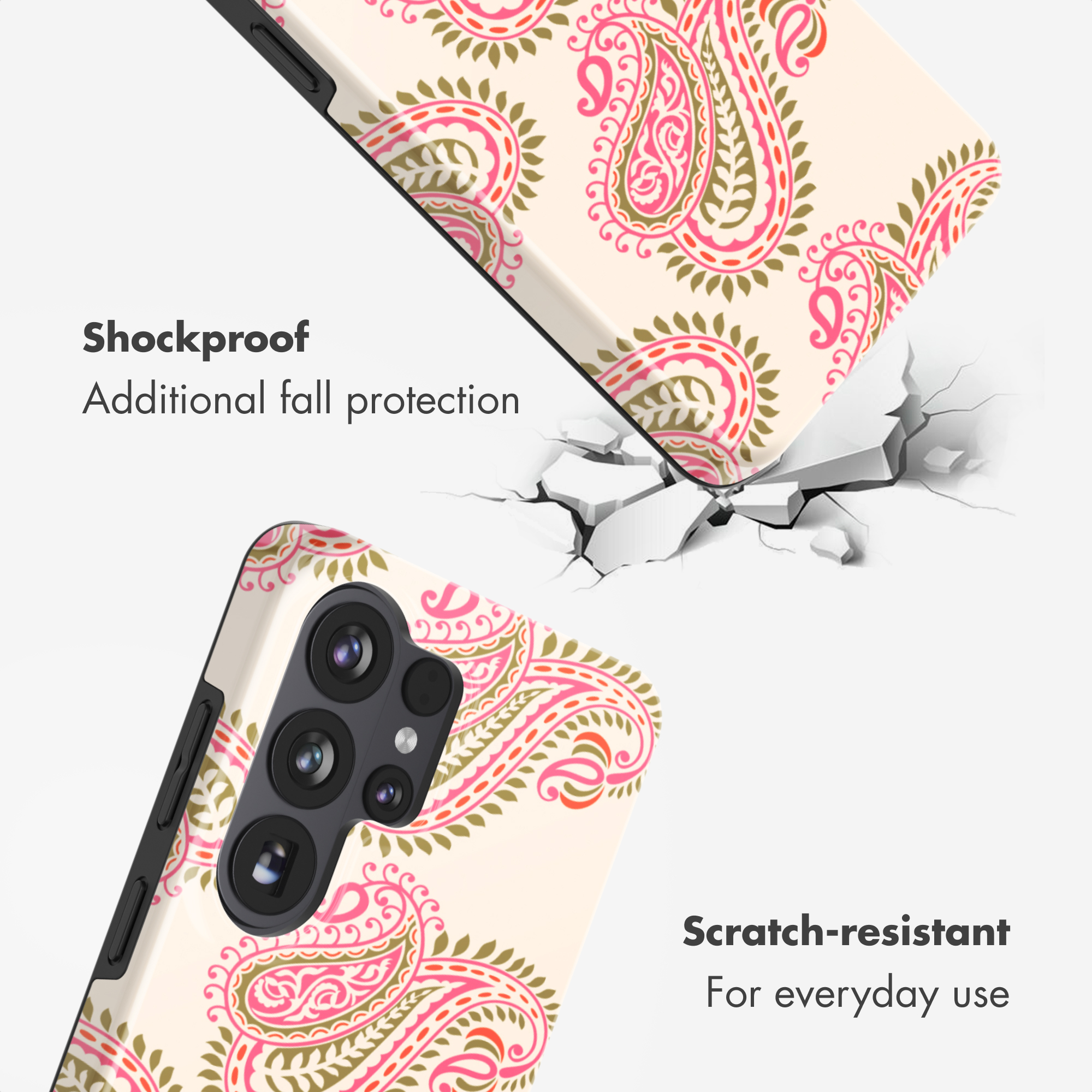 Funda de teléfono resistente a golpes y arañazos con patrones de cachemira rosa y oliva sobre fondo crema.