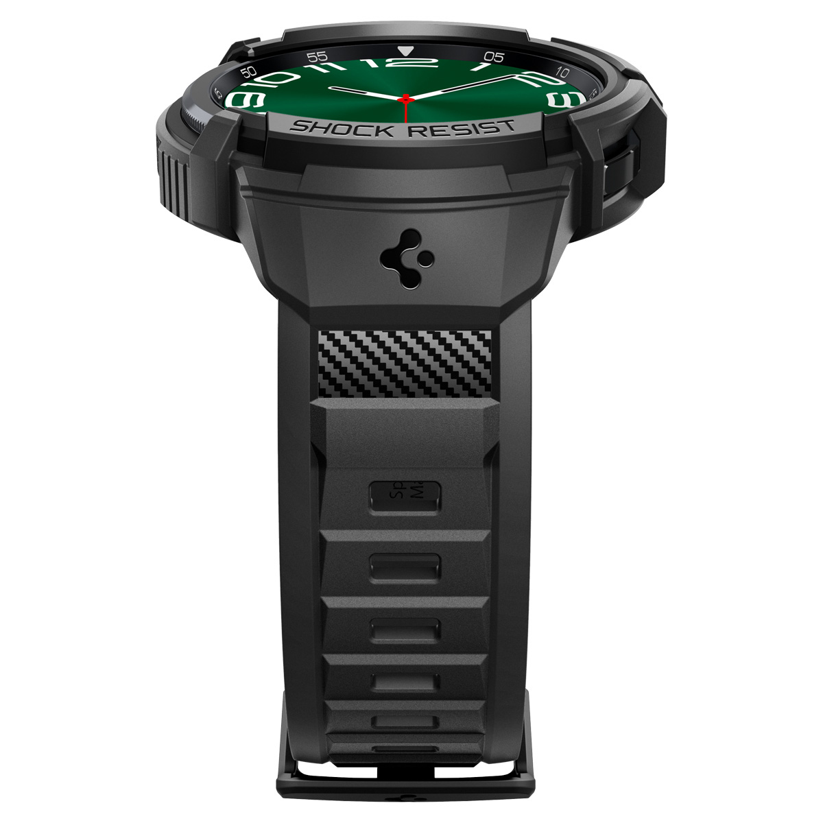 Czarny smartwatch outdoorowy z zieloną tarczą i solidnym paskiem na białym tle.