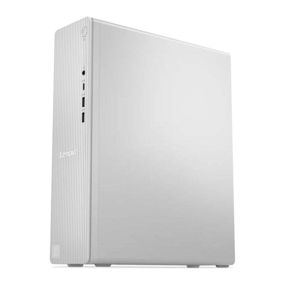 Biała wieża komputera stacjonarnego Lenovo na gładkim tle.