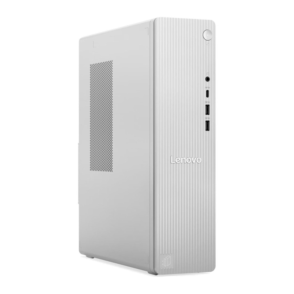 Biały komputer stacjonarny Lenovo z pionowymi rowkami z przodu, portami USB i logo Lenovo.