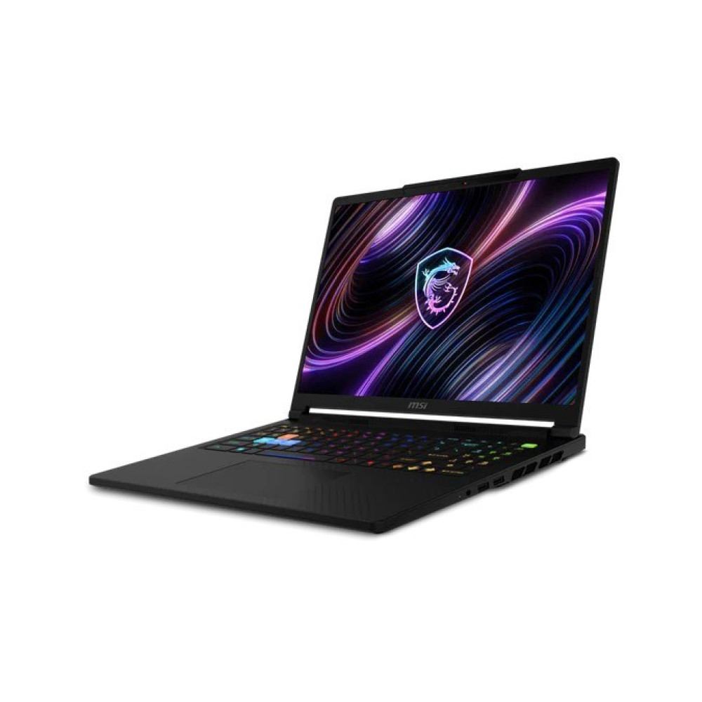 Czarny laptop do gier MSI z kolorową klawiaturą RGB i falistą tapetą na ekranie.