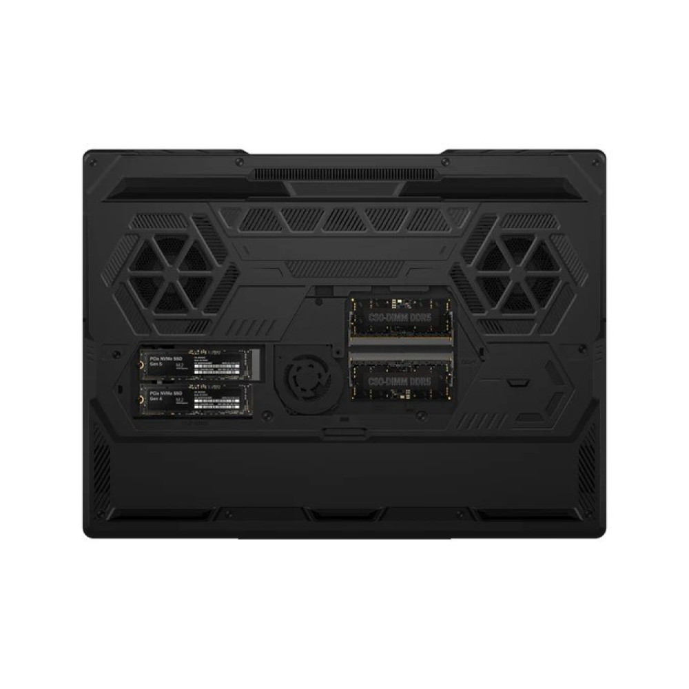 Czarne wnętrze laptopa z dwoma wentylatorami, dwoma slotami na SSD M.2 i dwoma slotami pamięci RAM SO-DIMM DDR5.
