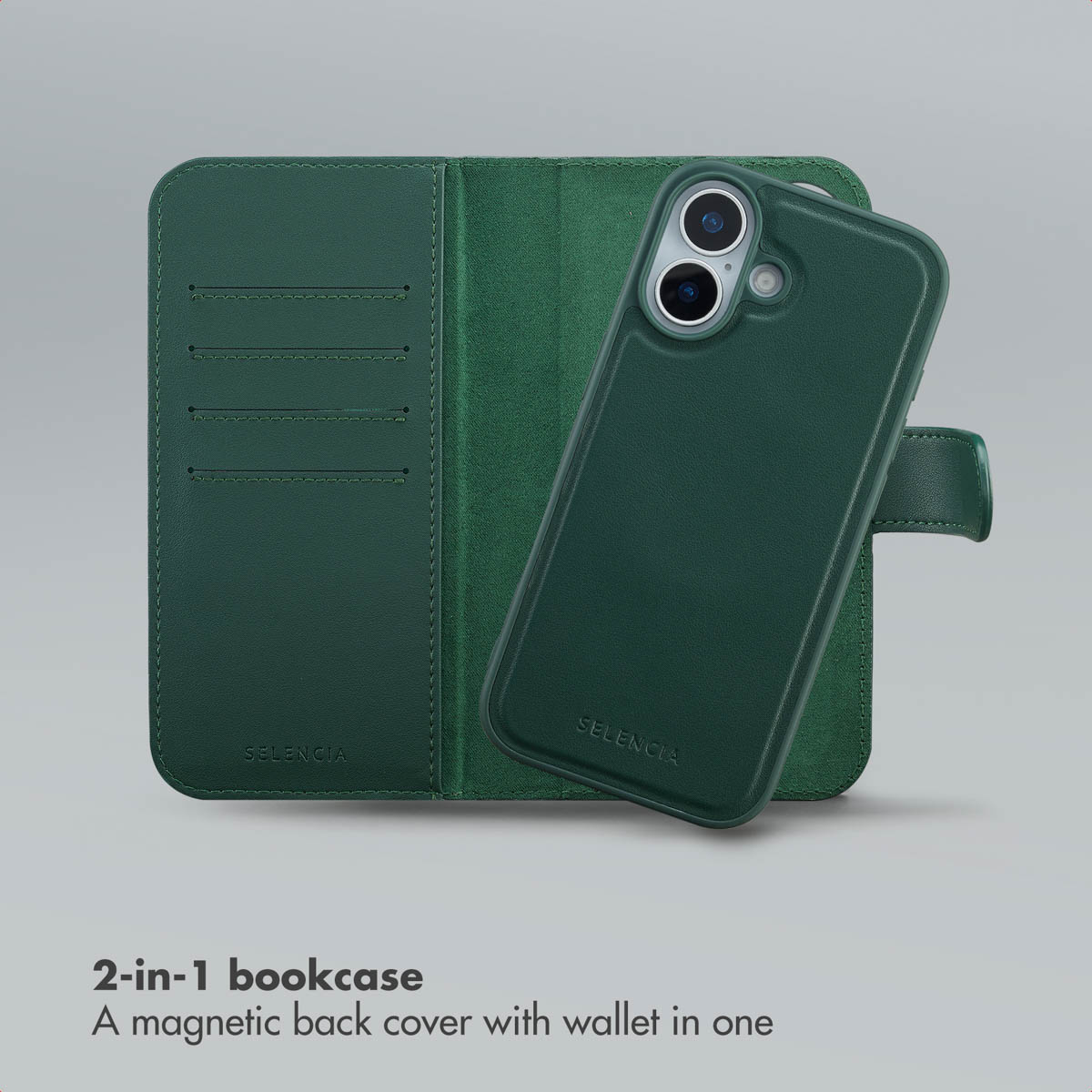 Custodia a libro verde 2 in 1 con cover magnetica e porta carte su sfondo grigio.