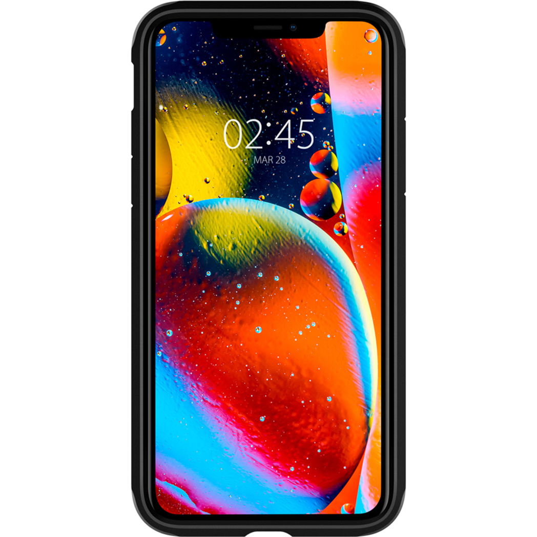 Smartfon w czarnej obudowie wyświetla kolorowy, abstrakcyjny wygaszacz ekranu z datą i godziną.