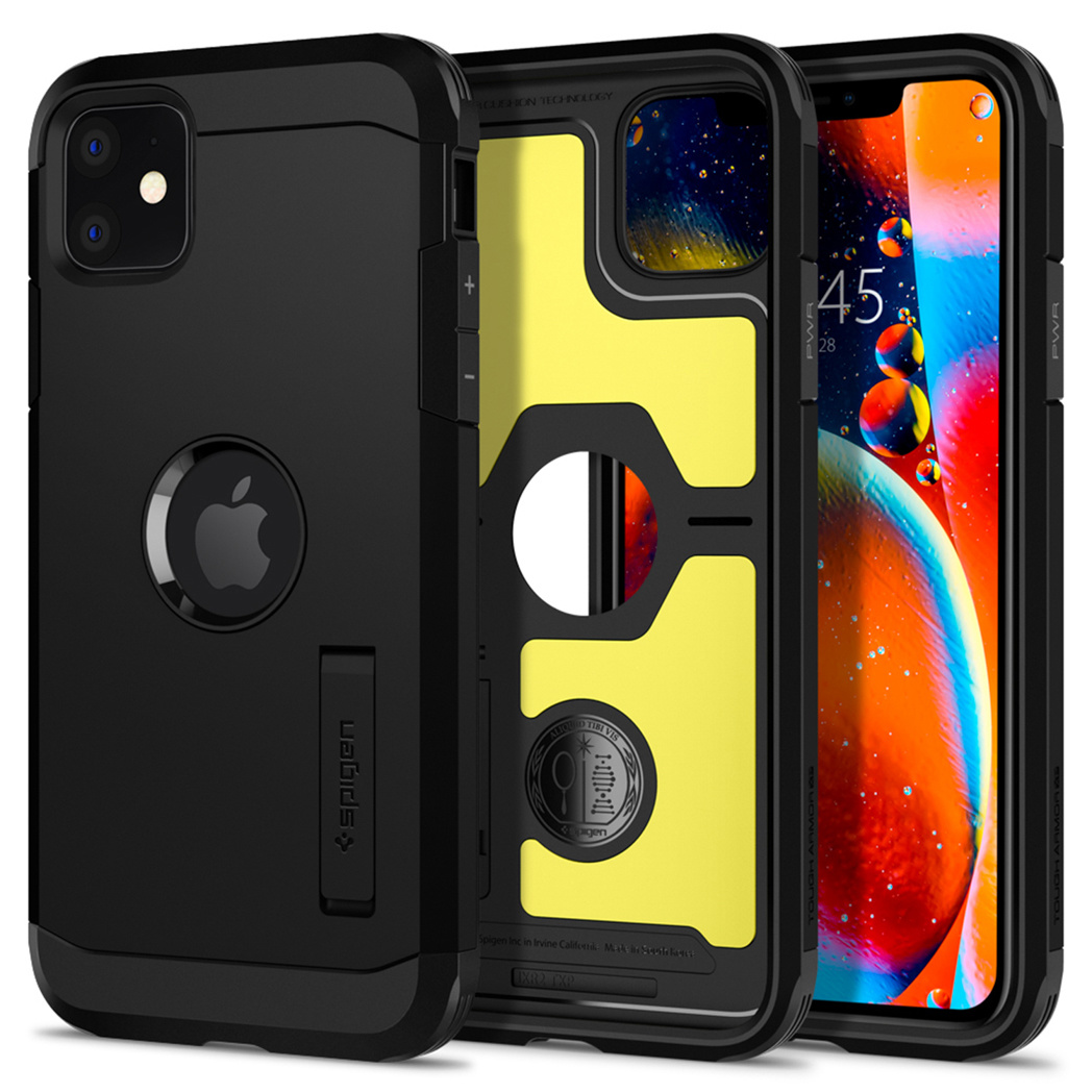 Trzy czarne etui na iPhone'a pokazują przód, środek i tył z logo Apple i wbudowaną podpórką.