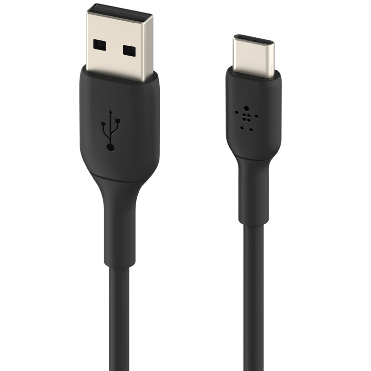 Un câble noir USB-A vers USB-C avec des connecteurs métalliques sur fond blanc.