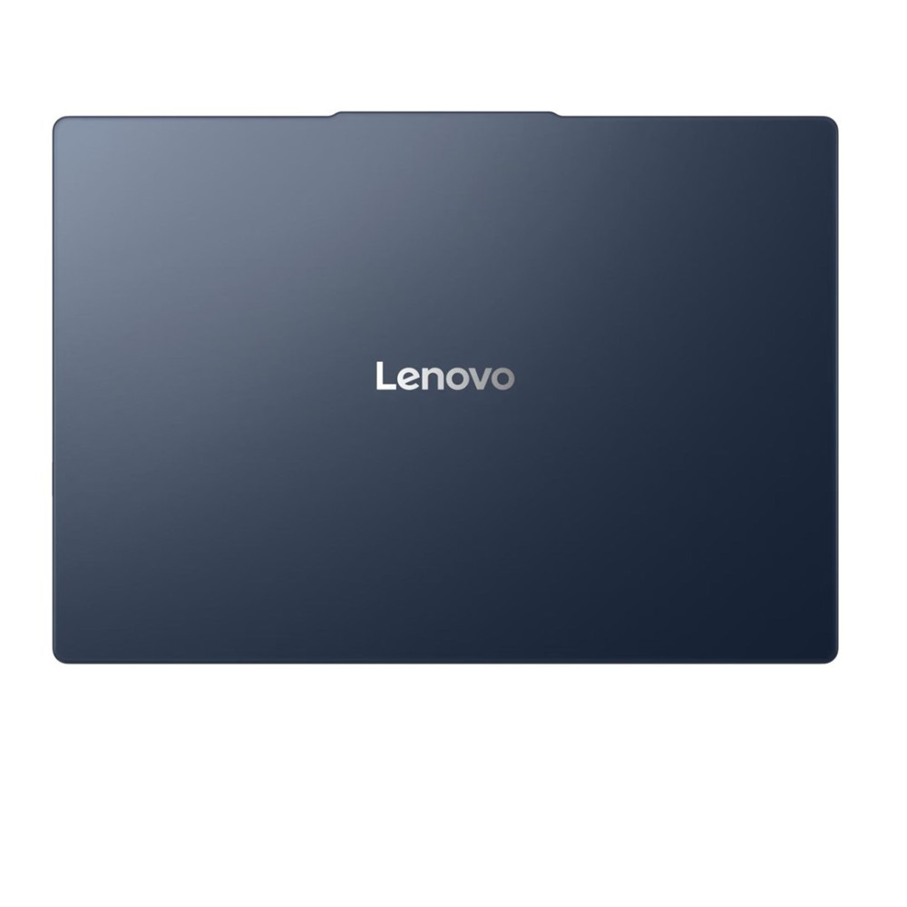 Zamknięty niebieski laptop Lenovo ze srebrnym logo na górnej obudowie, na białym tle.