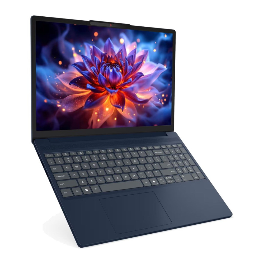 Ciemnoniebieski laptop otwarty z kolorową tapetą z kwiatem na ekranie.