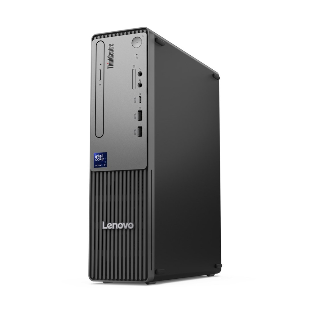 Elegancki szary komputer stacjonarny Lenovo ThinkCentre z portami z przodu i kratkami wentylacyjnymi.