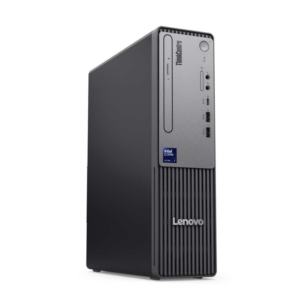 Czarna wieża stacjonarna Lenovo ThinkCentre z naklejką Intel Core Ultra 7 stoi pionowo na białym tle.