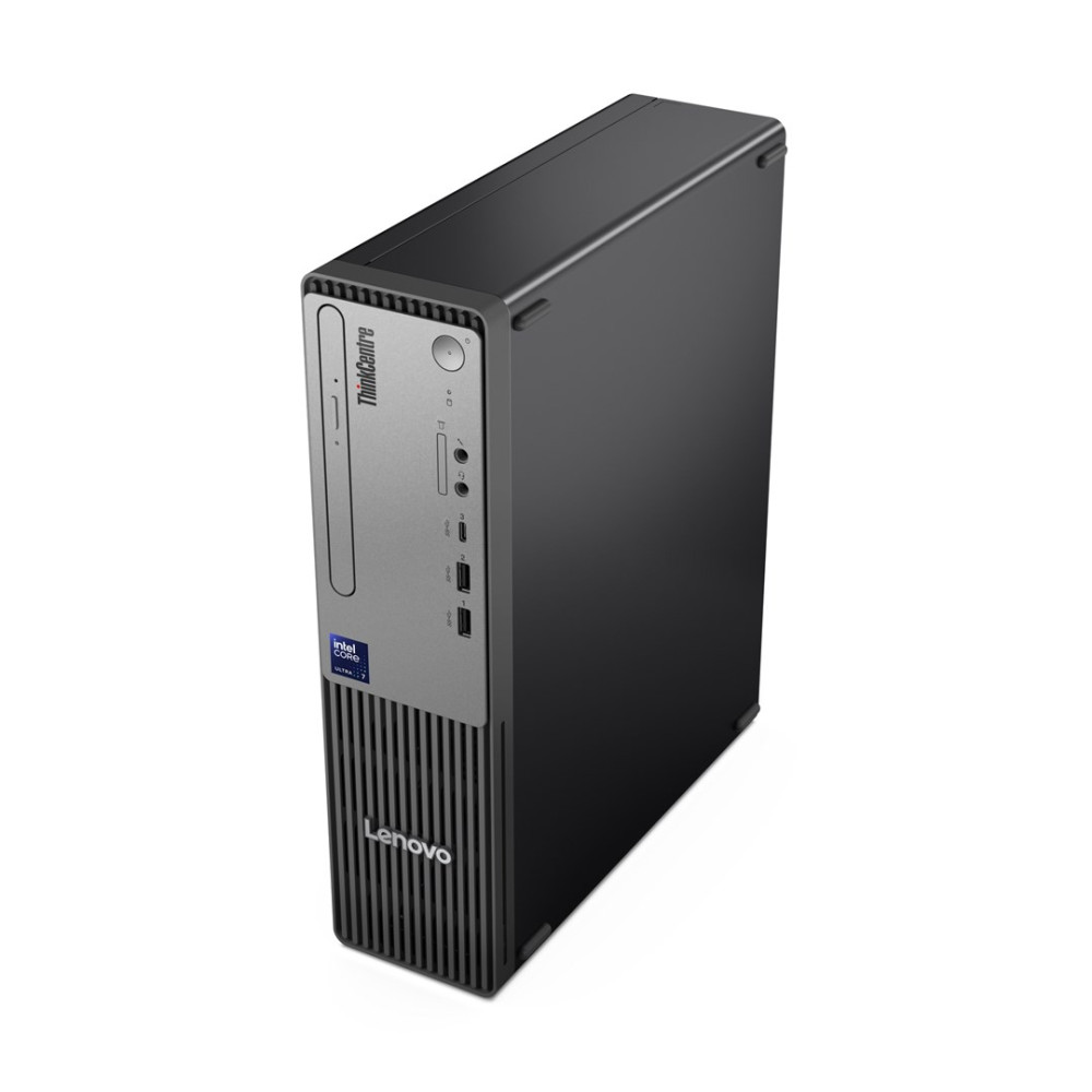 Elegancki, czarny komputer stacjonarny Lenovo ThinkCentre na białej powierzchni.