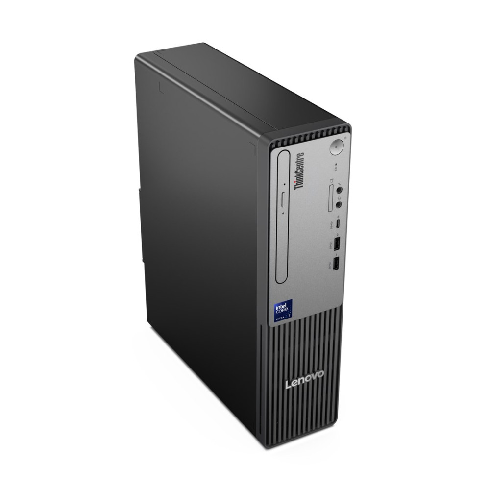 Czarny komputer stacjonarny Lenovo ThinkCentre stoi na białej powierzchni, ukazując przedni panel.