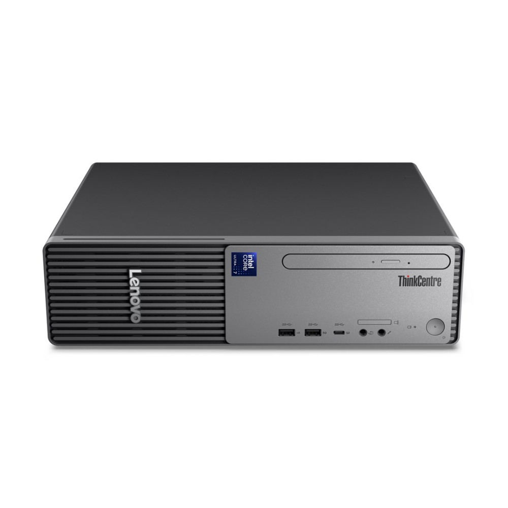 Szary komputer stacjonarny Lenovo ThinkCentre z portami USB i napędem optycznym na panelu przednim.