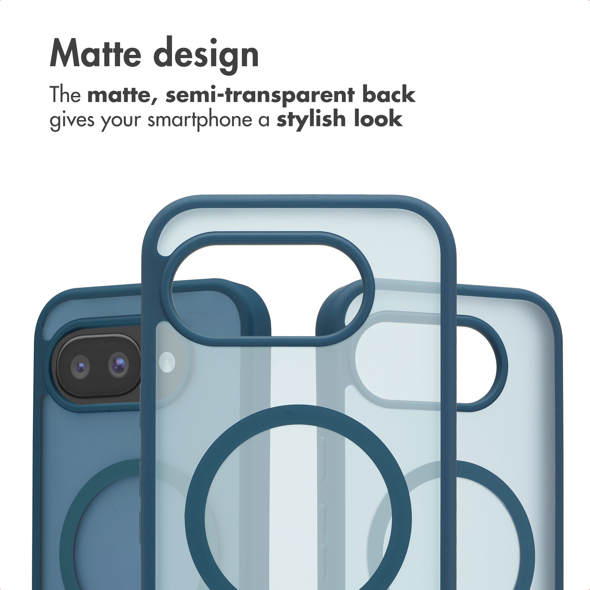 Testo Design opaco con cover per smartphone blu semi-trasparenti, ritagli per fotocamera e anello.