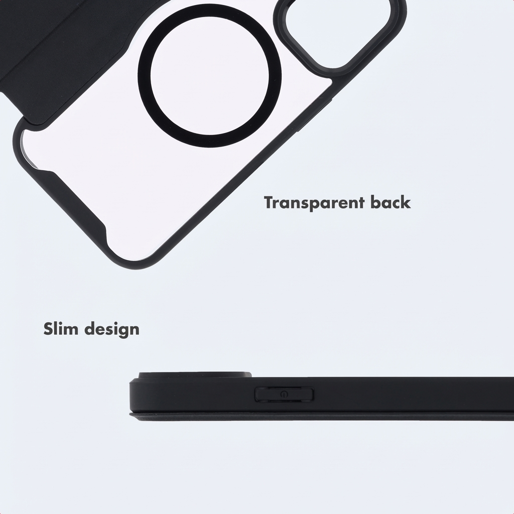 Schwarze Handyhülle mit transparenter Rückseite und schlankem Design, mit Kameramodul und Seitentaste.