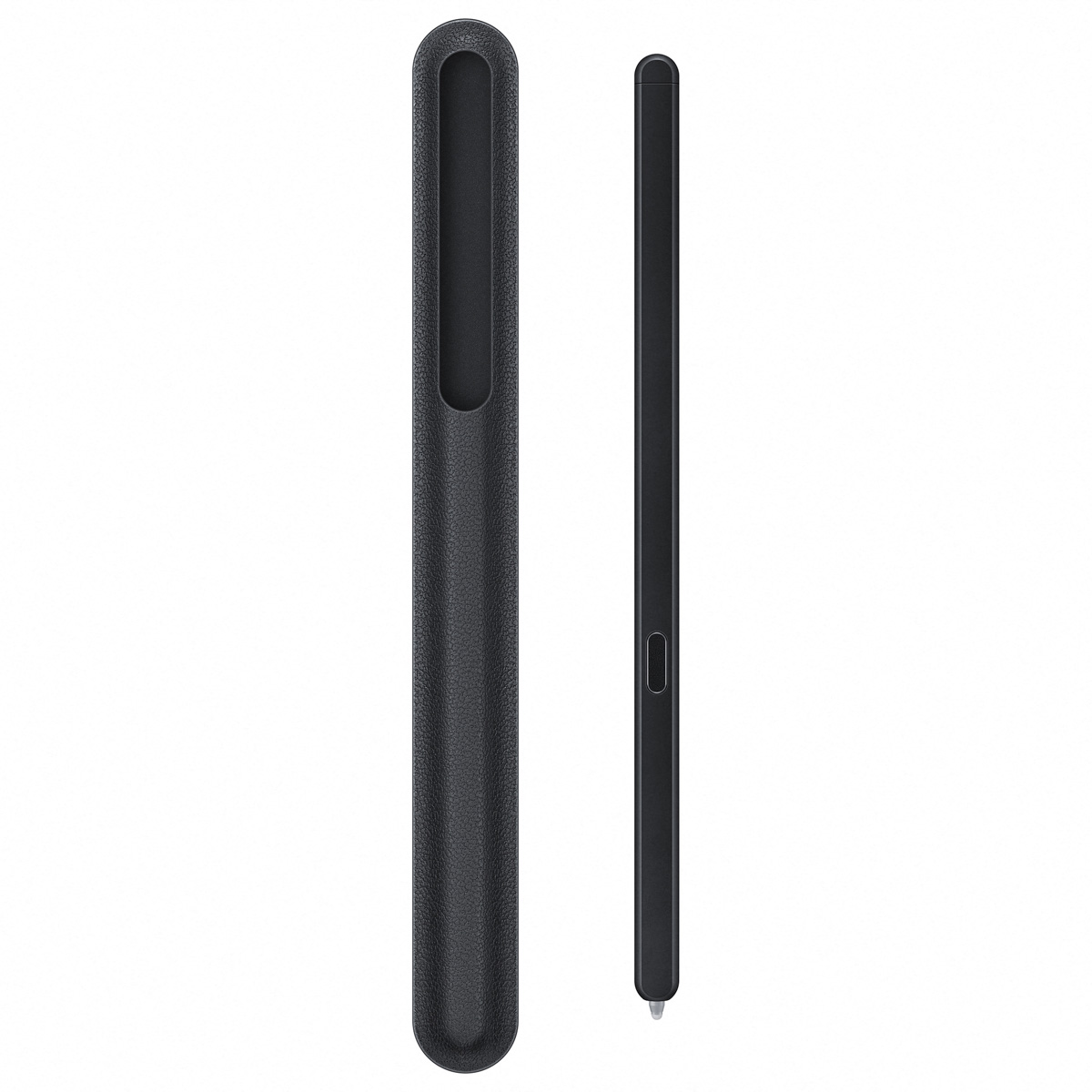 Un estuche protector negro y un lápiz negro a juego sobre fondo blanco.
