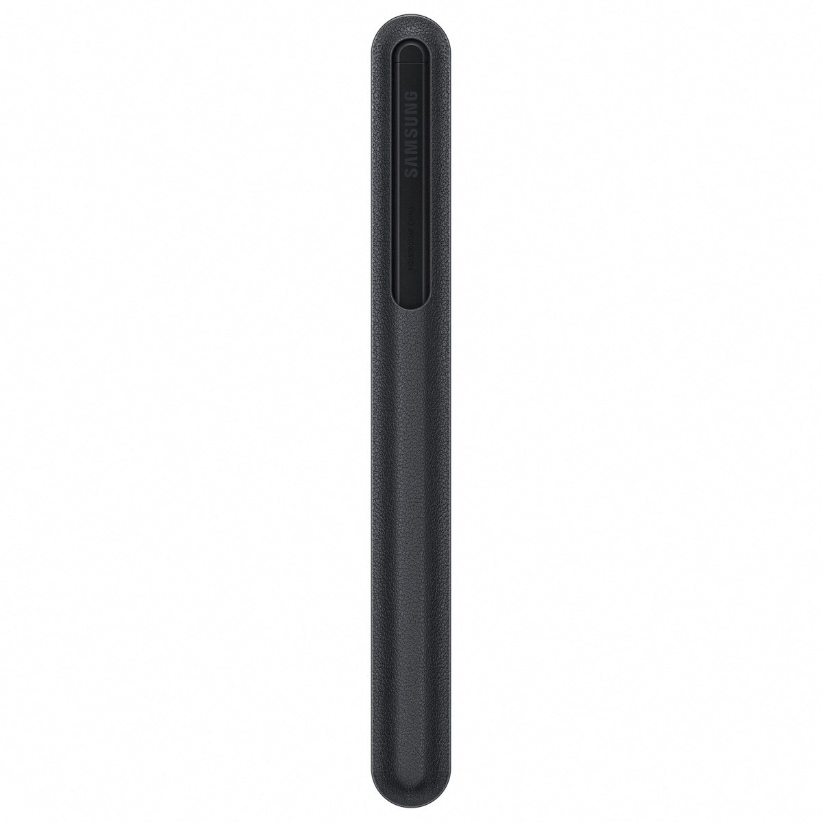 Un soporte negro y alargado para el S Pen de Samsung con superficie texturizada sobre fondo blanco.