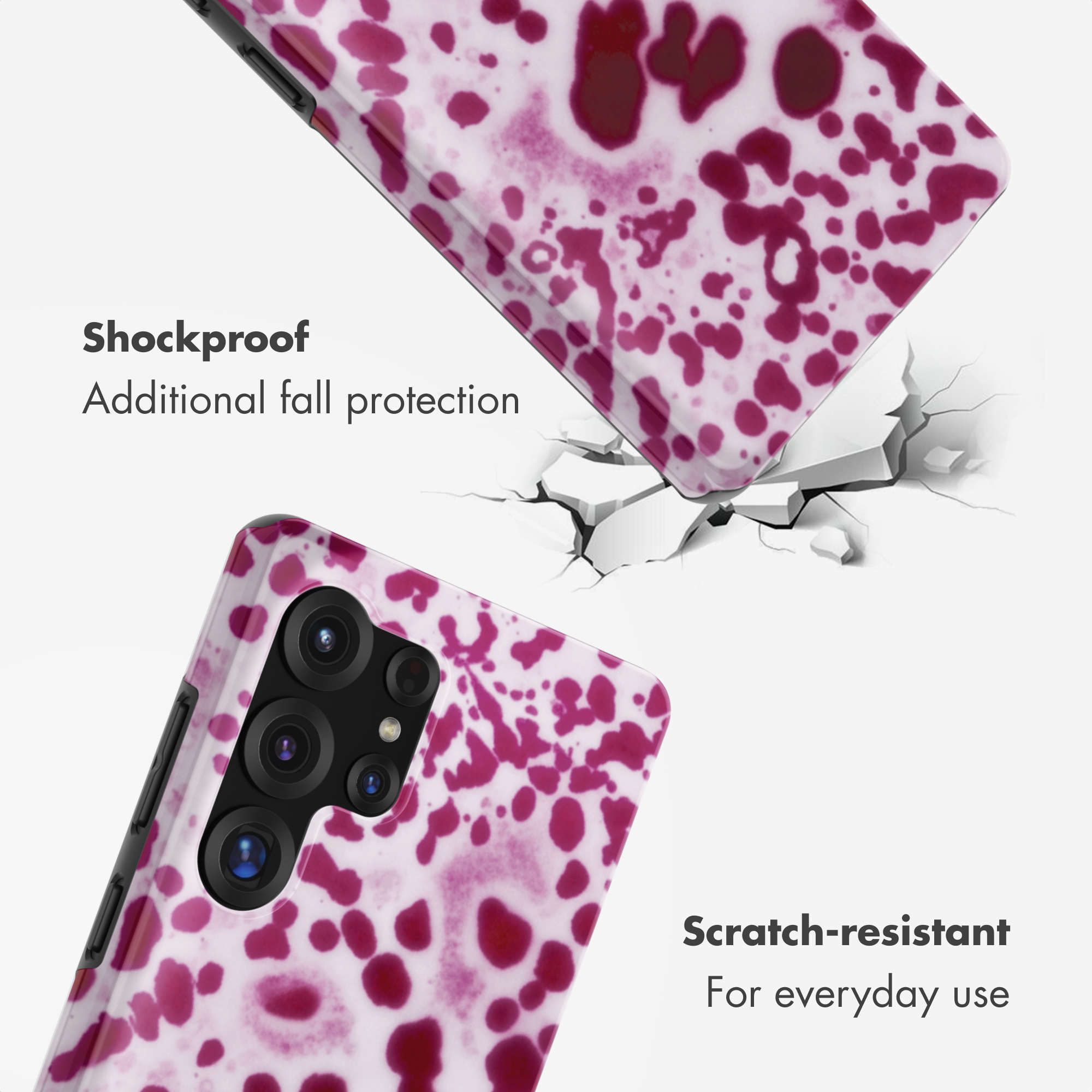 Cover per telefono con motivo a schizzi rosa e testo di protezione.