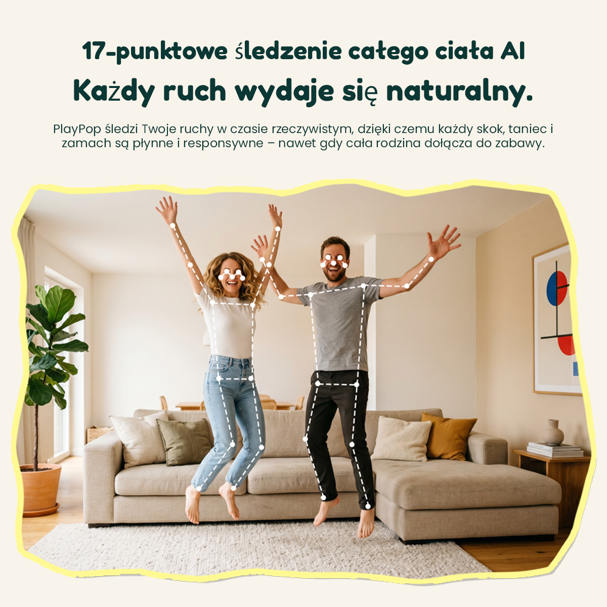 Szczęśliwa para skacze w salonie, z białymi kropkami i liniami śledzenia AI na ciałach.