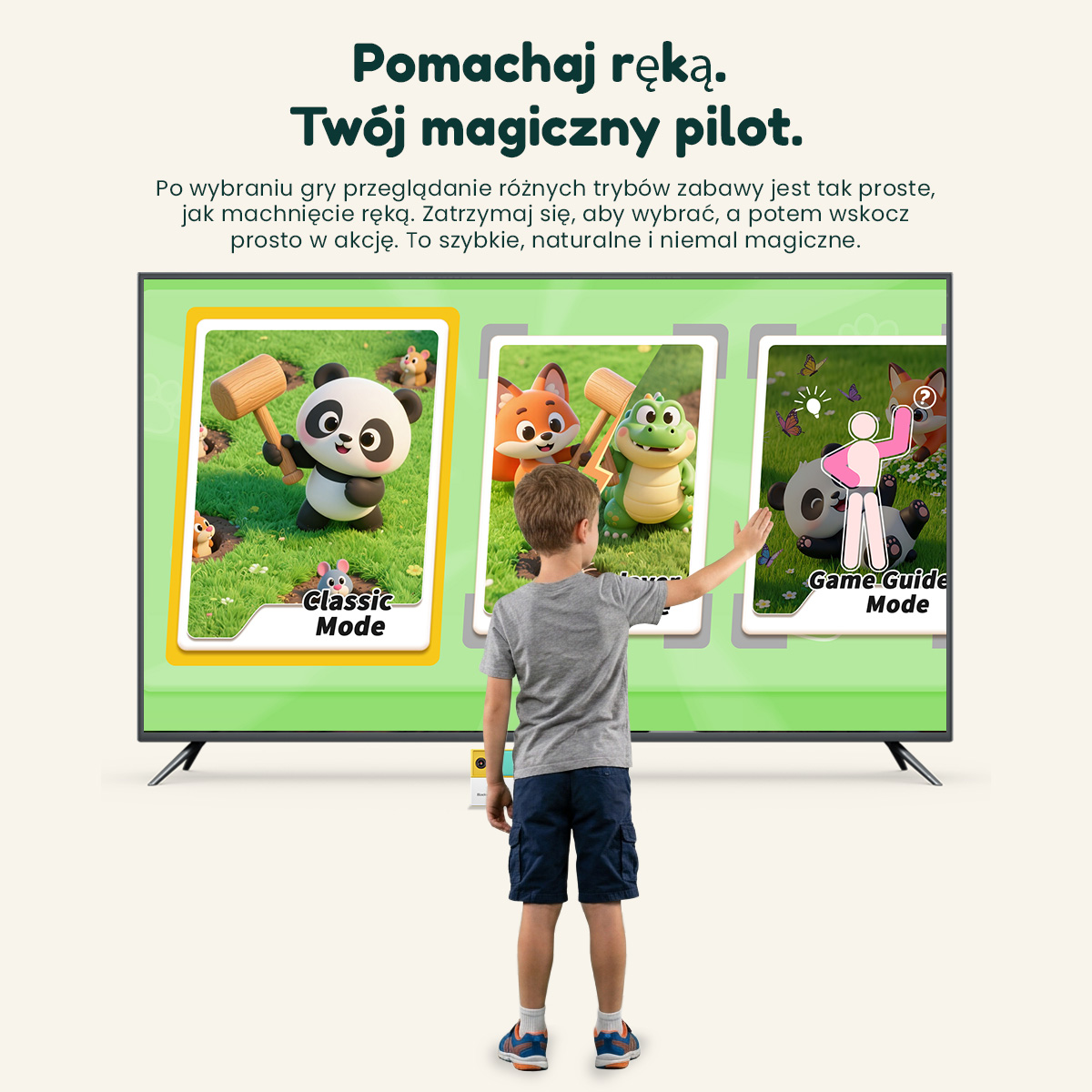 Chłopiec macha ręką do dużego ekranu telewizora z kolorowymi opcjami gry i polskim tekstem.