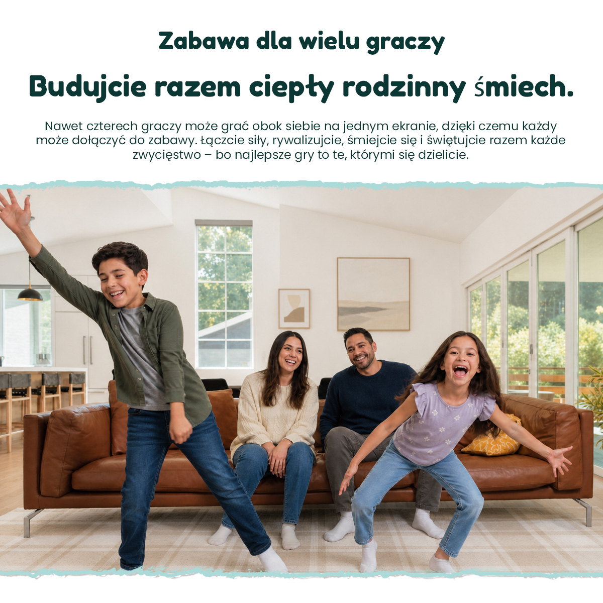 Rodzina w salonie, dwoje dzieci radośnie tańczy przed skórzaną kanapą.