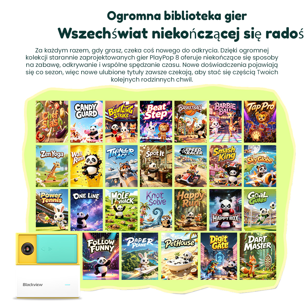 Polska reklama Blackview przedstawiająca siatkę kolorowych i zabawnych gier mobilnych ze zwierzętami.