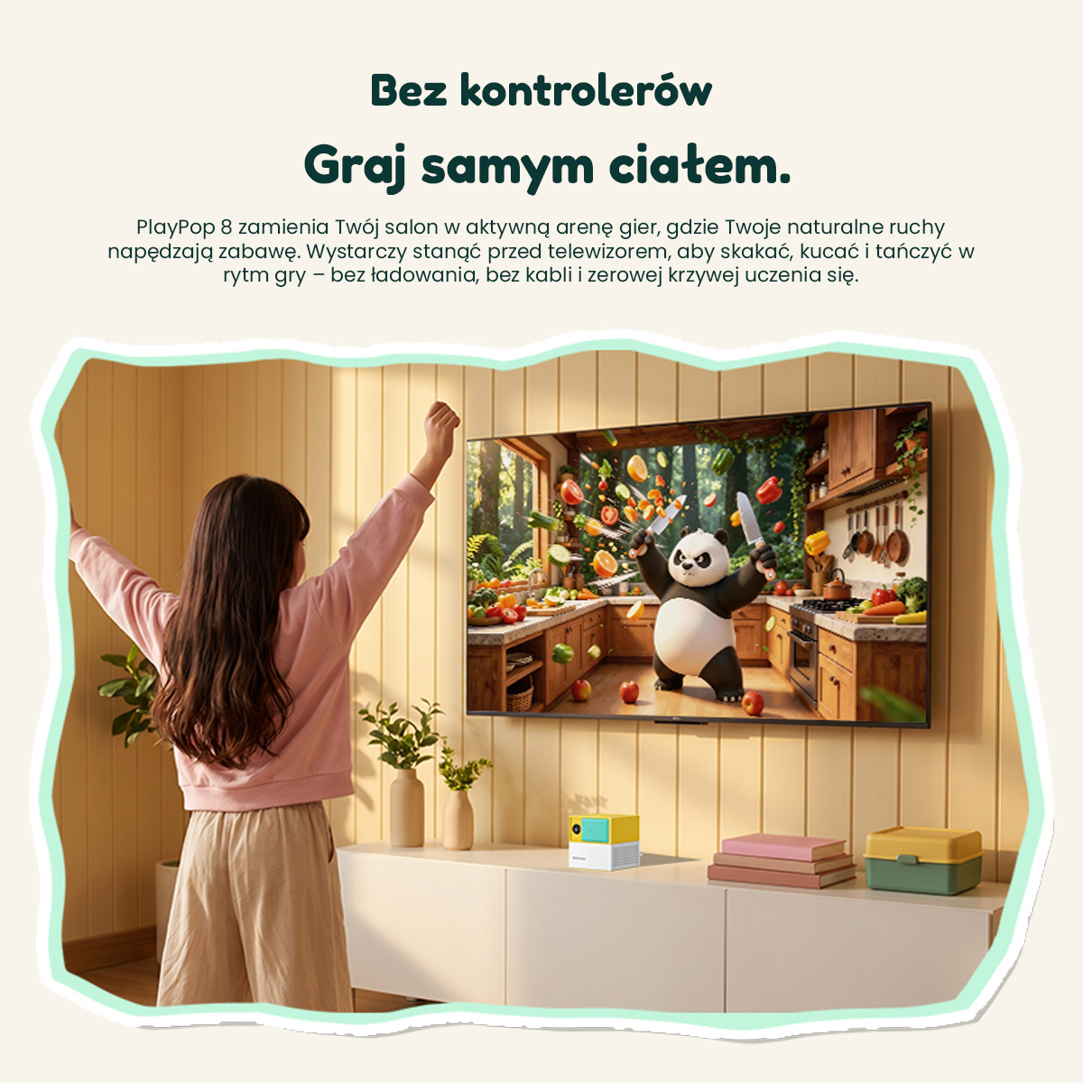 Dziewczynka gra w grę ruchową przed telewizorem z pandą.
