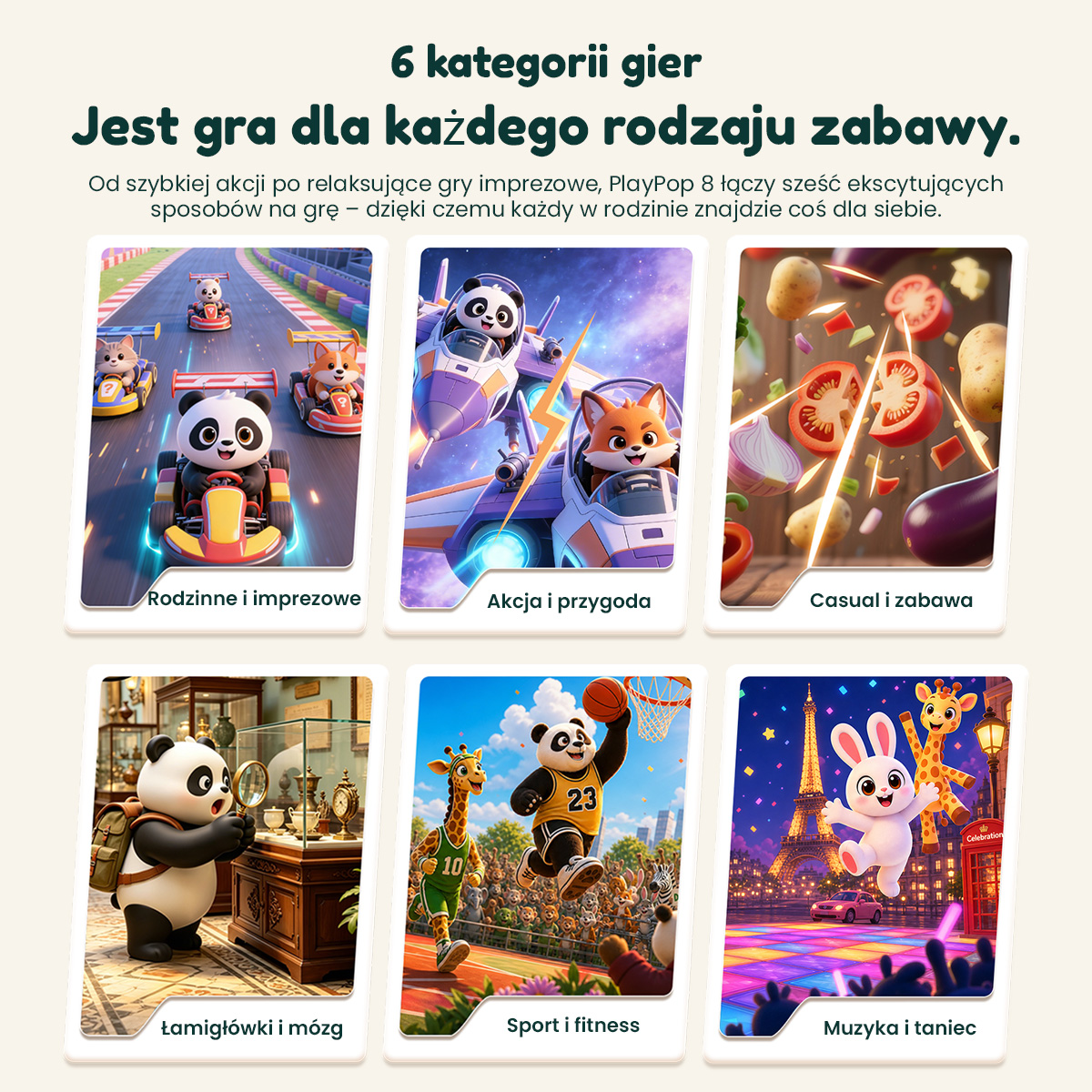 Sześć kategorii gier przedstawia motywy zwierzęce w różnych scenach, takich jak wyścigi i sport.