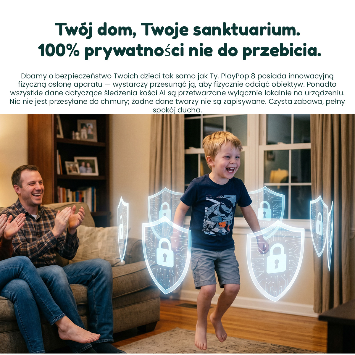 Uśmiechnięty chłopiec skacze radośnie w otoczeniu świecących tarcz bezpieczeństwa, a mężczyzna patrzy z kanapy.