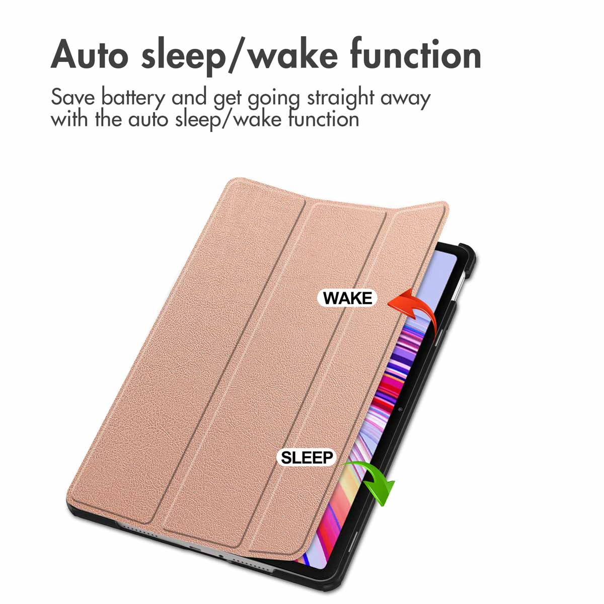 Een roségouden tablet hoes toont de auto sleep/wake functie met pijlen.