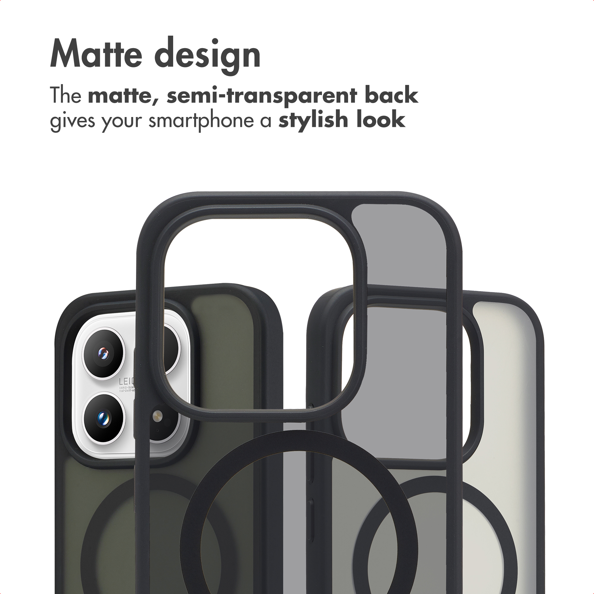La imagen muestra fundas para teléfonos inteligentes mate y semitransparentes con imanes integrados.