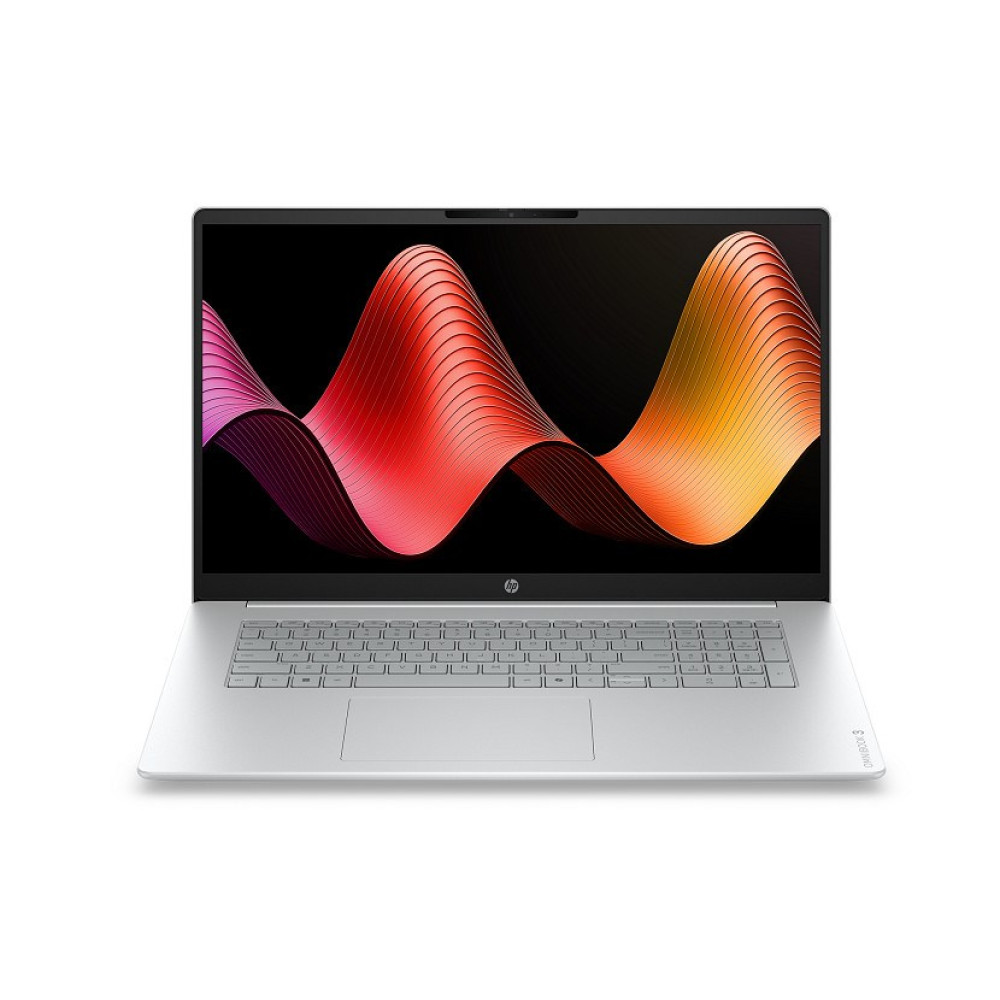 Srebrny laptop jest otwarty na białym tle i wyświetla kolorową, abstrakcyjną tapetę w fale.