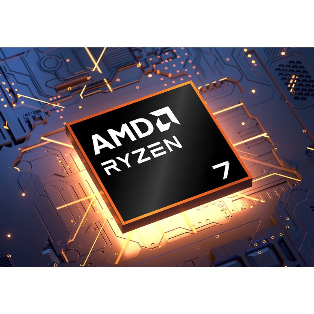 Procesor AMD Ryzen 7 zamontowany na świecącej na niebiesko płycie głównej.
