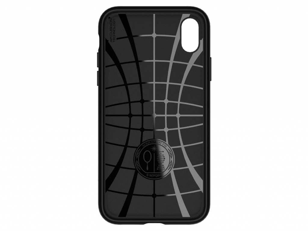Czarne etui na telefon z szarym wzorem w kratkę i logo Spigen.