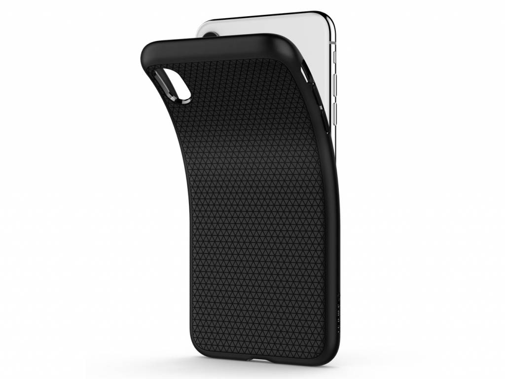 Biały smartfon w czarnym etui ochronnym z trójkątnym wzorem na białym tle.