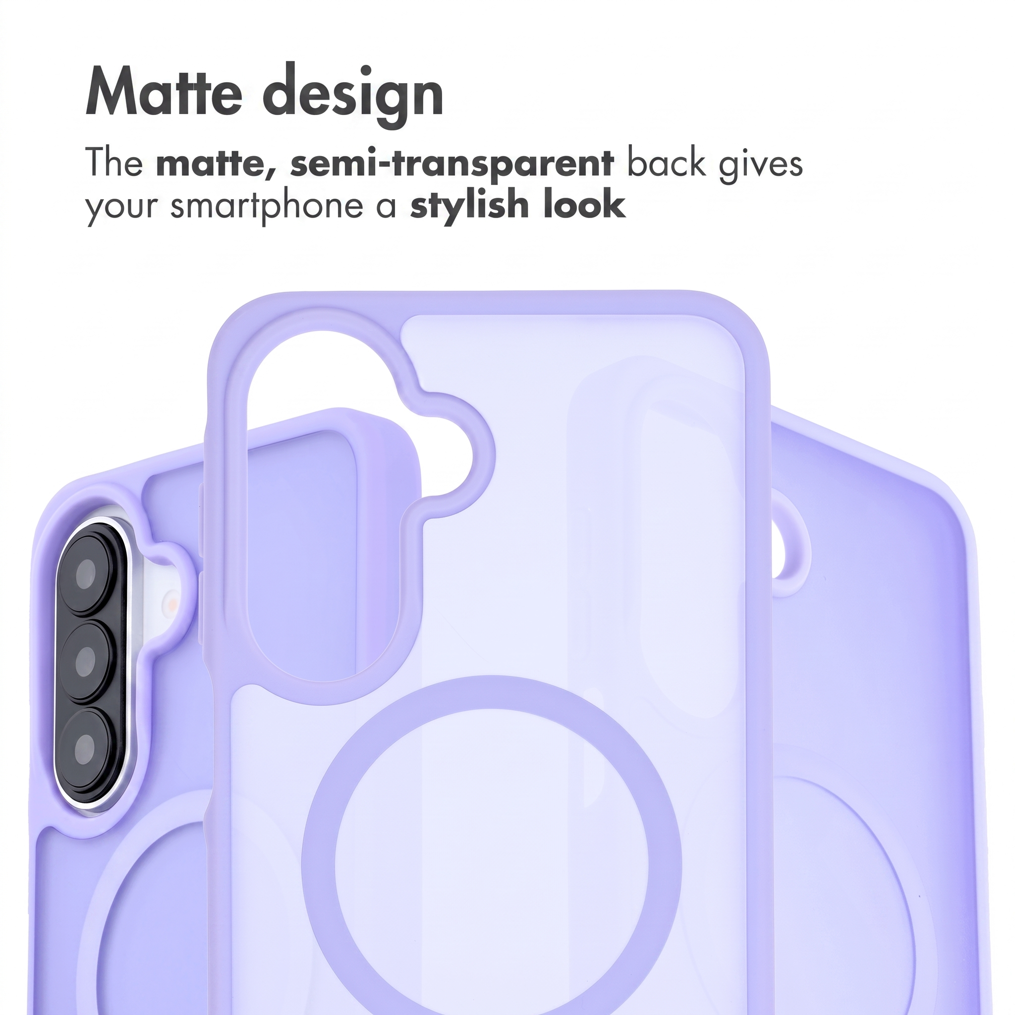 Lila, matte Smartphone-Hülle mit semitransparenter Rückseite und Kameraausschnitt.