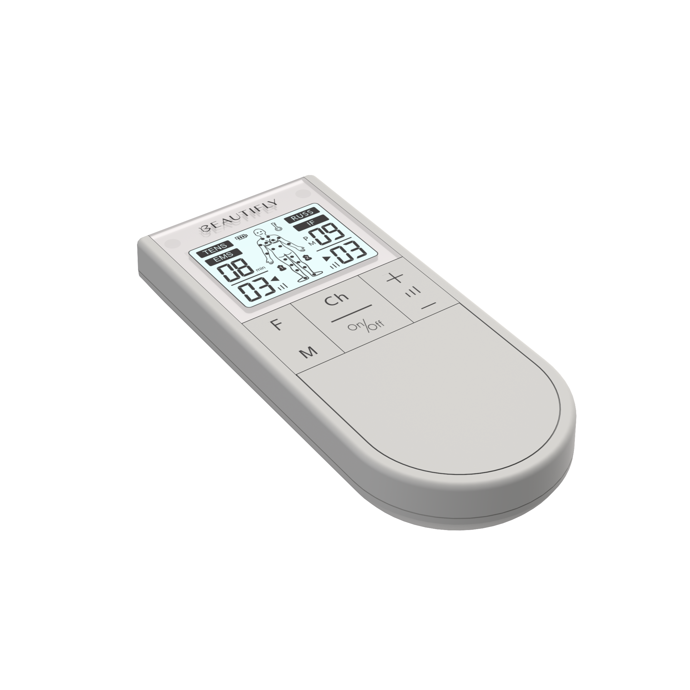 Fehér kézi EMS készülék digitális kijelzővel és vezérlőgombokkal fekete háttér előtt.