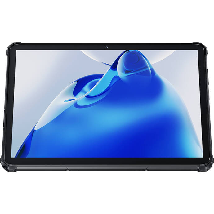 Un tablet nero con angoli arrotondati mostra uno sfondo blu con onde astratte.