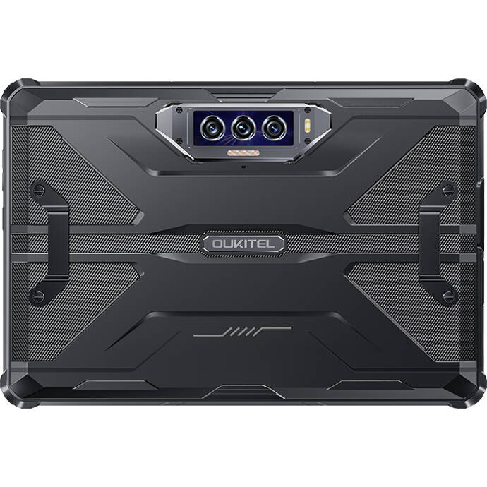 Retro di un tablet rugged Oukitel nero con custodia protettiva, tre fotocamere e logo.