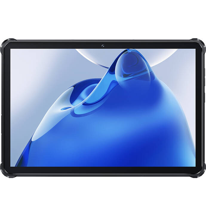 Un tablet nero con un colorato motivo ad onde blu come sfondo sul display.
